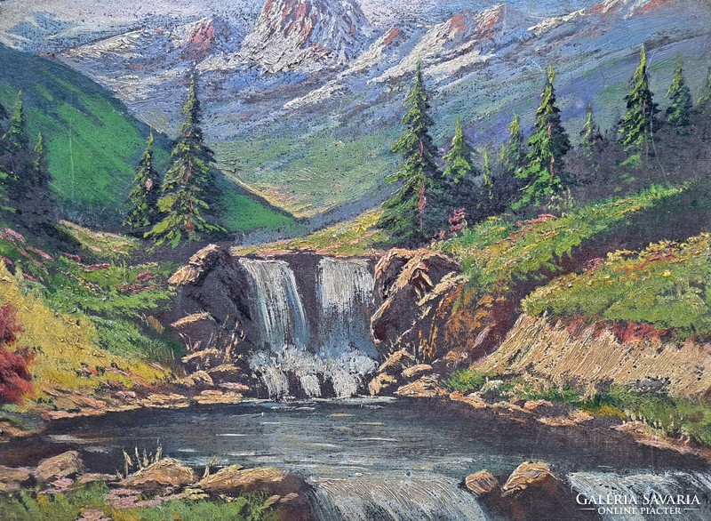 Tarpatak waterfall - Tatras, Slovakia, favorite location of the cave - d. Kovács gy. Oil painting