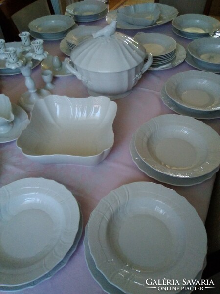 47-piece white Herend dinner set with rokály pattern with bird soup bowl and candle holder!