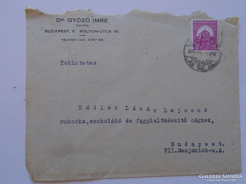 S3.44 Stamped envelope dr. Lawyer Imre Győző - 1930k nádler lazázné lajos chocolate and ice cream