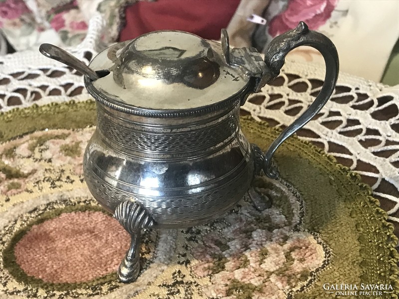 Antique, silver-plated, glass-inset, mustard or spice cream dish, marked, antique teaspoon