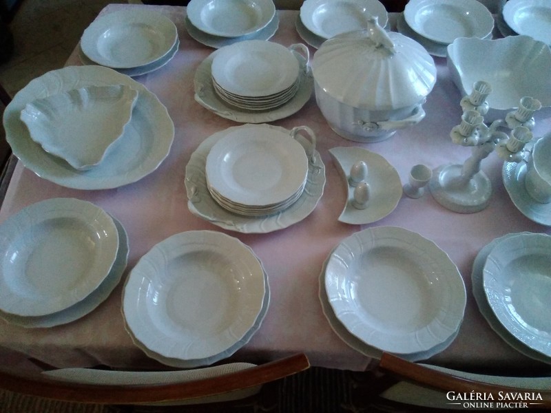 47-piece white Herend dinner set with rokály pattern with bird soup bowl and candle holder!