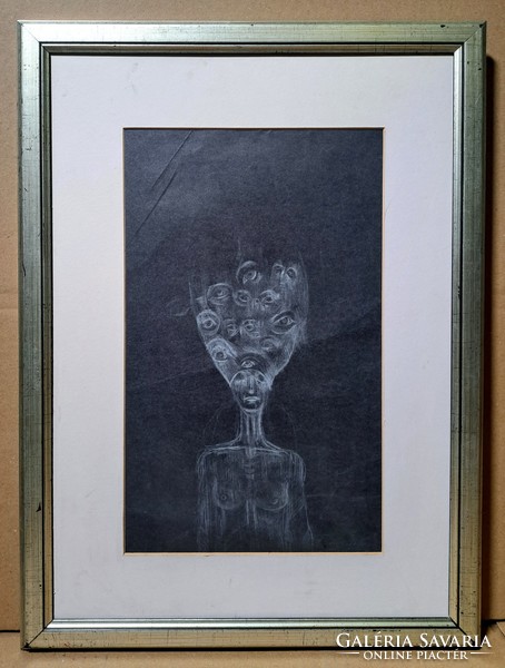 Surreal portrait - pencil drawing with frame, modern contemporary image