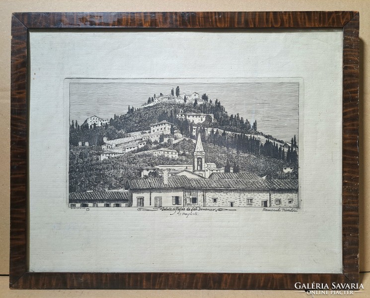 View of the city of Fiesole - old Italian etching - Mediterranean city