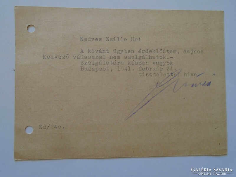 S5.32  Levelezőlap- Szőgyén TIbor Banküzlet Budapest  1941  Zsille József cégnek