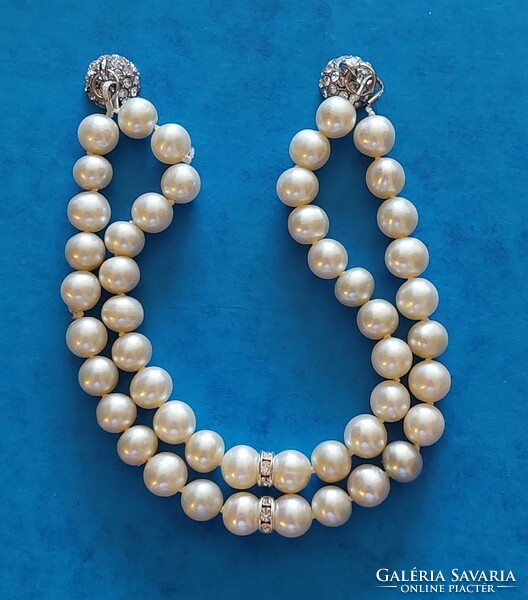 Genuine double row cultured pearl bracelet with rhinestone, magnetic ball clasp and embellishments