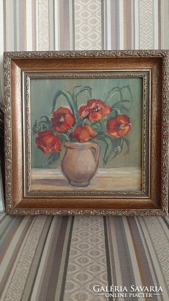 Poppies painting in a beautiful wooden frame 25.5 x 25.5 cm