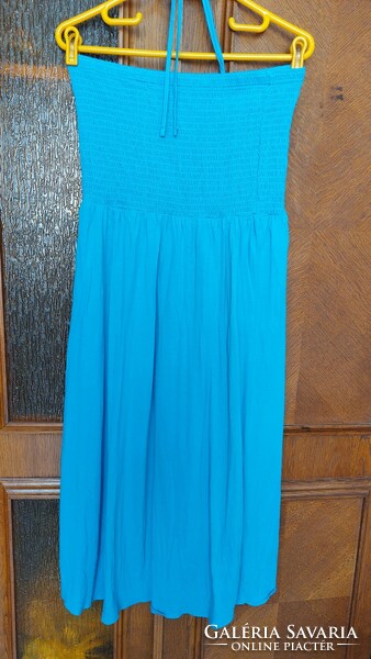 Turquoise cotton rubberized to the waist, strapless v. Strappy summer dress., ( Blue motion )