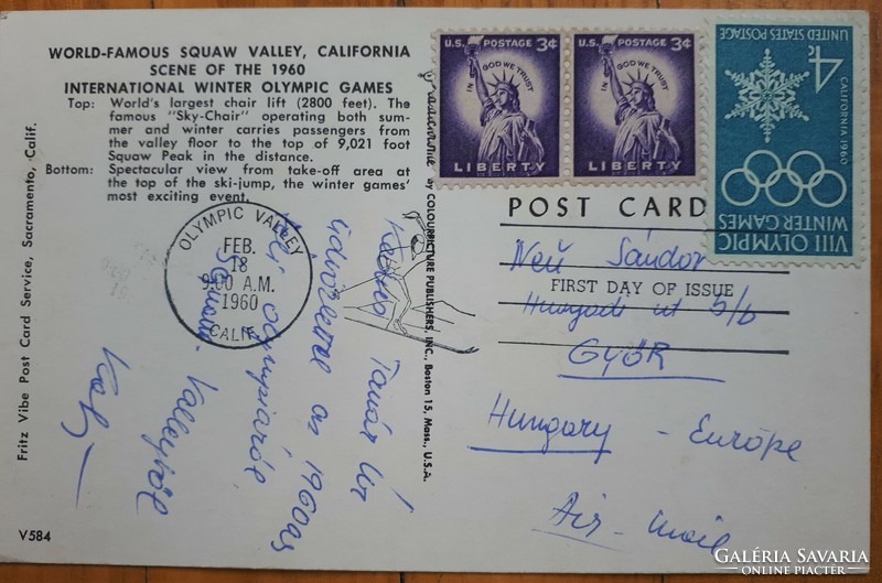 Levelezőlap első napi bélyegzéssel a Squaw Valley téli olimpia helyszínéről feladva 1960