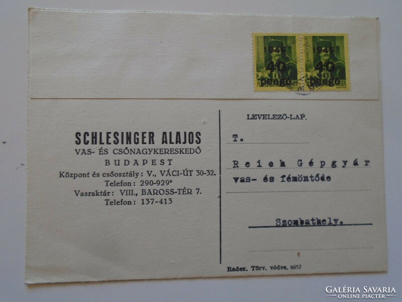 S5.30 Inflációs levelezőlap-1945 XII.7. Shcleshingert Alajos vas és csőnagykereskedő Budapest -Reich