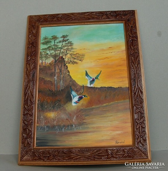 Wild ducks, oil painting, marked, in a beautiful wooden frame