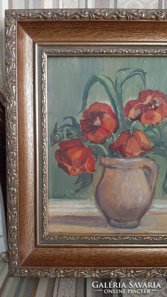 Poppies painting in a beautiful wooden frame 25.5 x 25.5 cm
