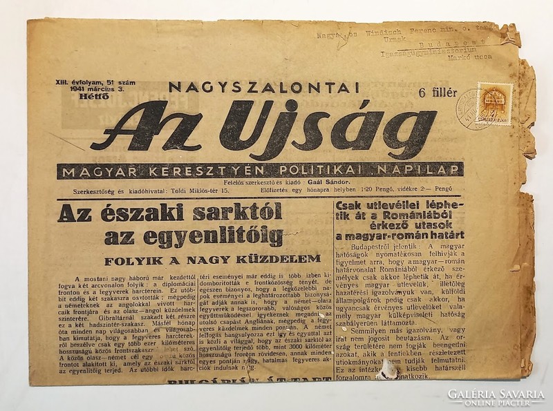 1941 március 3  /  Nagyszalontai Az Ujsag  /  Ssz.:  RU549