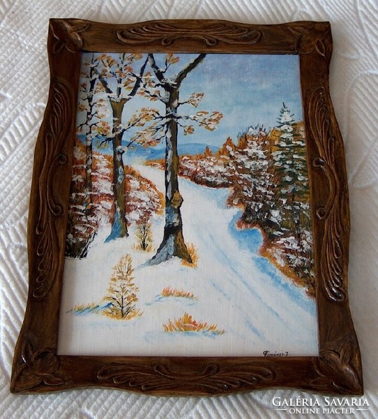 Oil painting, snowy landscape, marked, in a very nice carved wooden frame