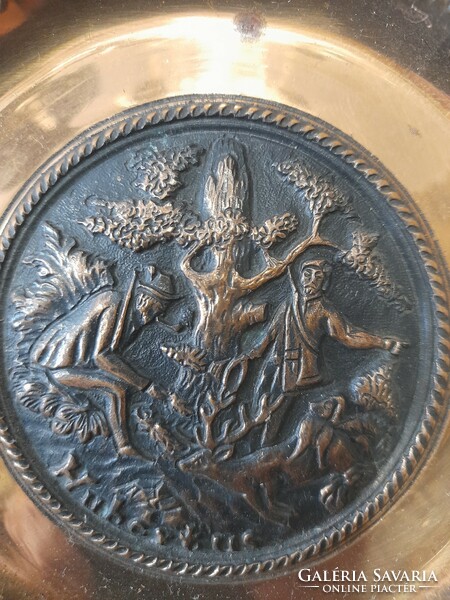 Bronze Hubertus hunter scene wall picture, wall bowl, plate.