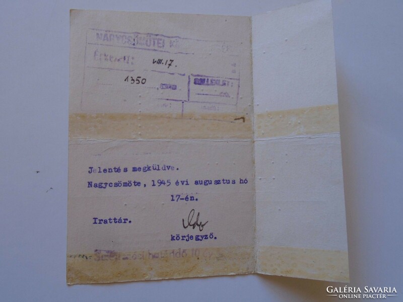 S5.34   Levelezőlap- Kertészeti Felügyelőség Szombathely Szeleczky János  1945 - NAGYCSÖMÖTE
