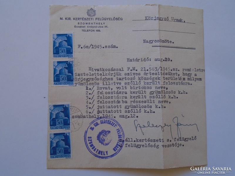 S5.34   Levelezőlap- Kertészeti Felügyelőség Szombathely Szeleczky János  1945 - NAGYCSÖMÖTE