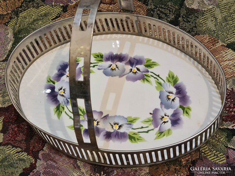 Tray with pansy porcelain inlay and small basket in one