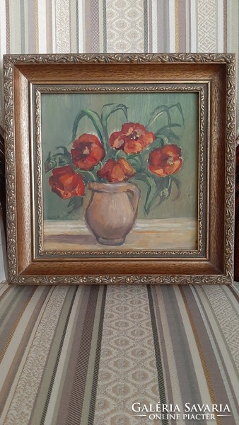 Poppies painting in a beautiful wooden frame 25.5 x 25.5 cm