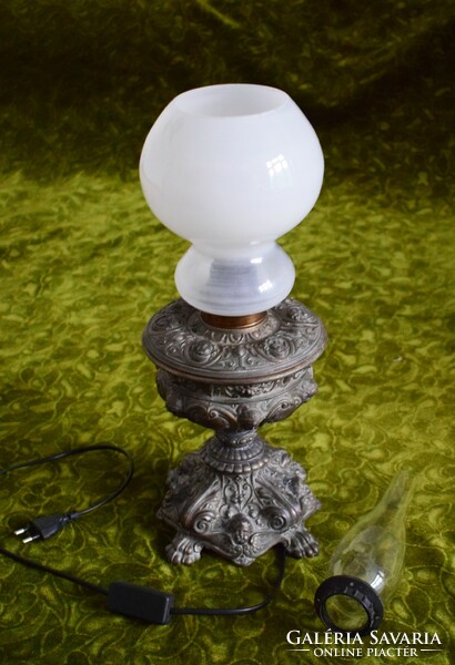 Converted antique table petroleum lamp angelic cast metal body glass shades 50 x 16 cm works!