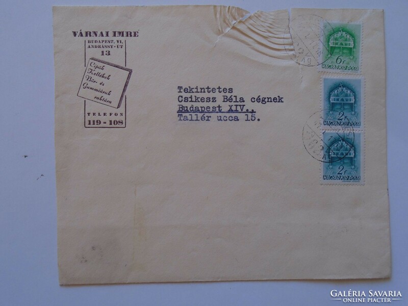 S9.22 Envelope Imre Várna Budapest 62 - 1941 Jan 17 - warehouse of shoes, leather and rubber goods - csikesz