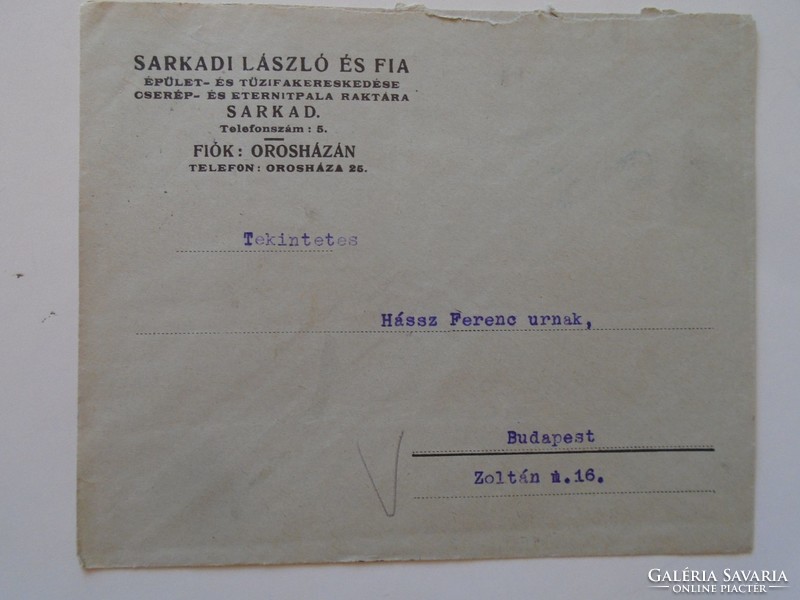 S9.34   LEVÉLBORÍTÉK  1930 Sarkad - Sarkadi László és fia  Tűzifakereskedés  Sarkad   Orosháza