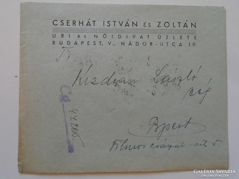S9.30 Letter envelope 1941 István and Zoltán Cserhát men's and women's fashion store, Budapest Palatín utca