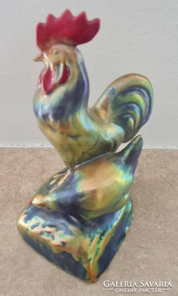 Zsolnay eozin rare antique figurine of a rooster with a clucking hen