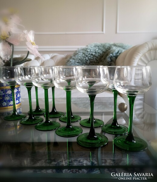 Crystal wine glass with green neck, 11 white goblets, handmade