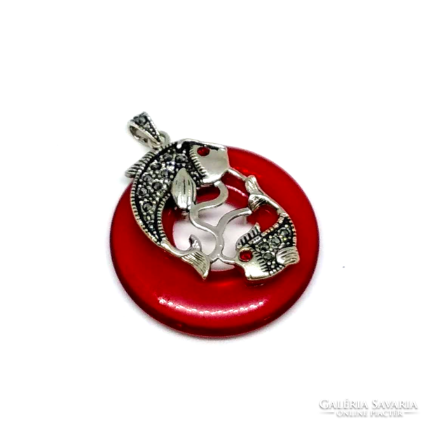 Red titanium crystal donut cabochon pendant, fish in Tibetan silver socket s36523