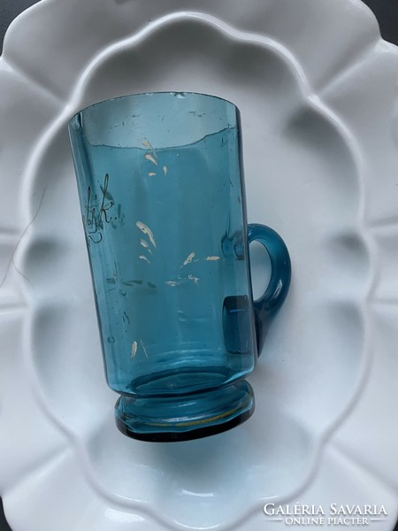 Antik fújt csodás kék füles pohár “Emlék” felirattal
