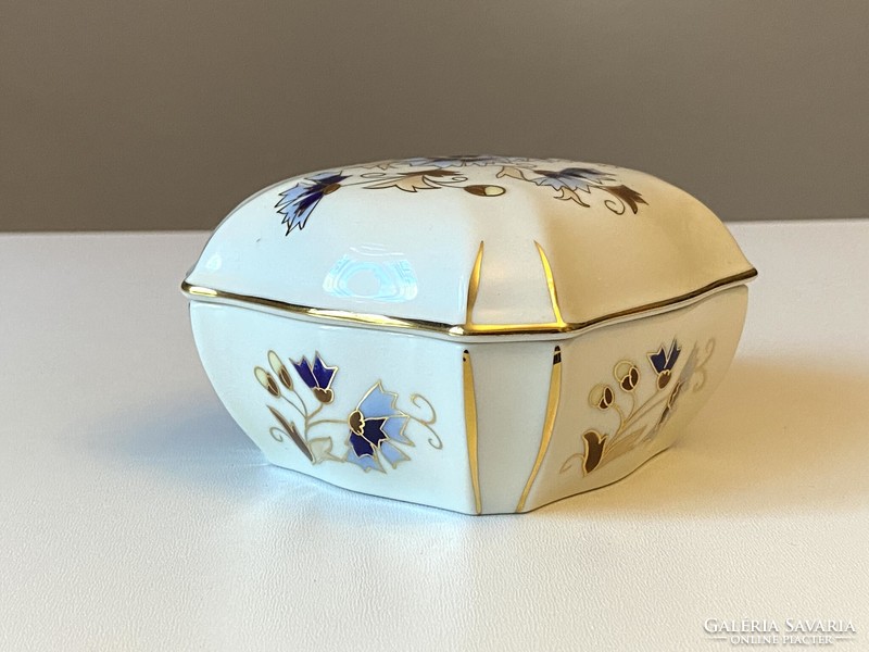 Blue wheat flower painted Zsolnay porcelain jewelry box with lid