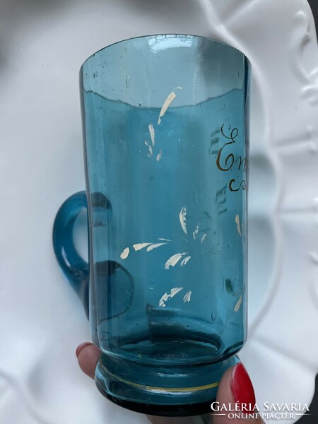 Antique blown glass with a wonderful blue ear with the inscription 