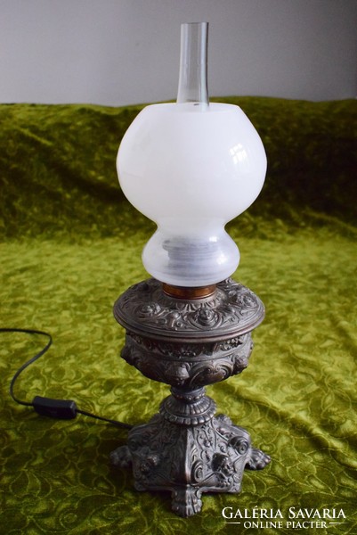 Converted antique table petroleum lamp angelic cast metal body glass shades 50 x 16 cm works!