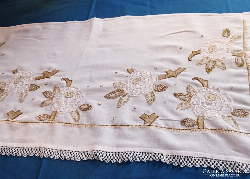 Antique, embroidered almarium/stelázs tablecloth, 100 x 46 + 2 cm lace