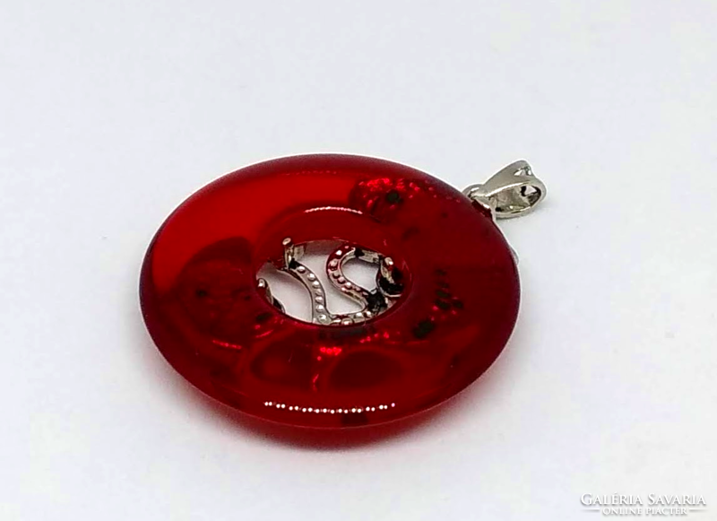 Red titanium crystal donut cabochon pendant, fish in Tibetan silver socket s36523