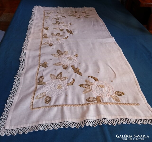 Antique, embroidered almarium/stelázs tablecloth, 100 x 46 + 2 cm lace