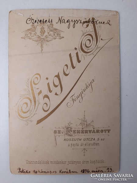 Antique hardback cabinet photo, 16.5x11.2 cm, Szigeti, Székesfehérvár, 1896