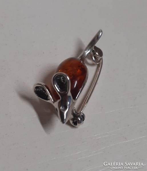 Marked silver amber stone brooch badge with safety switch with needle