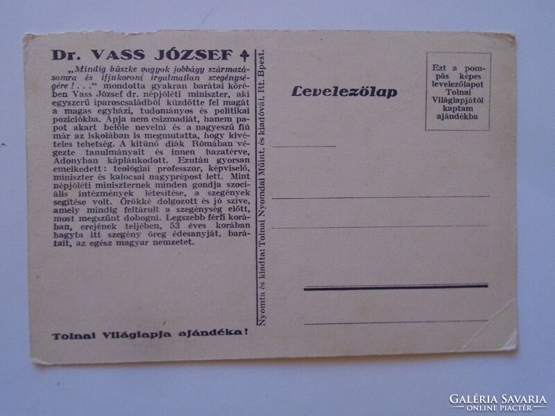 D197268 postcard József Vass (Sárvár) Archpriest of Kalocsa Minister of Welfare (Bethlen government)