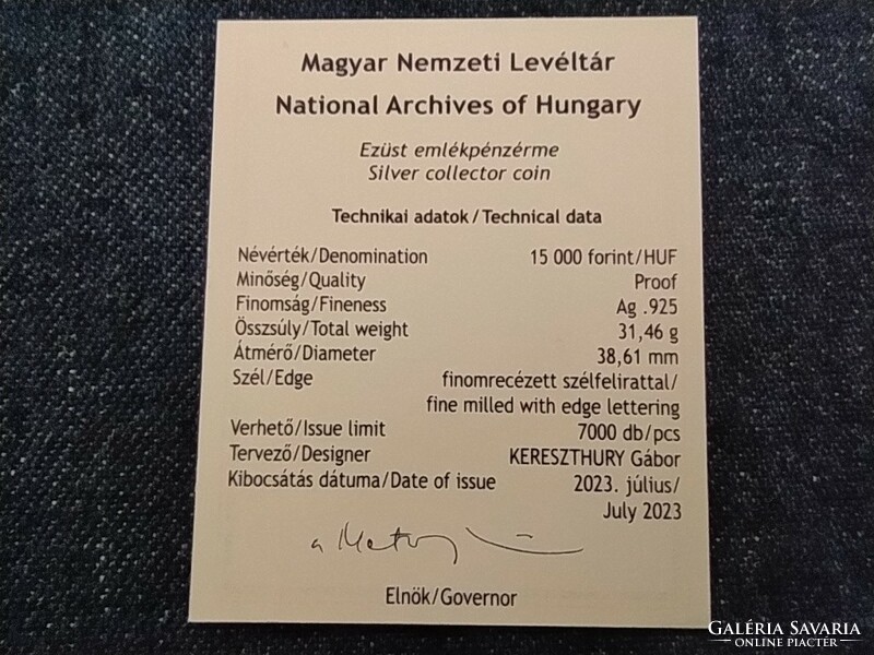 Magyarország Magyar Nemzeti Levéltár .925 Ezüst 15000 Forint 2023 Tanúsítvány (id79244)