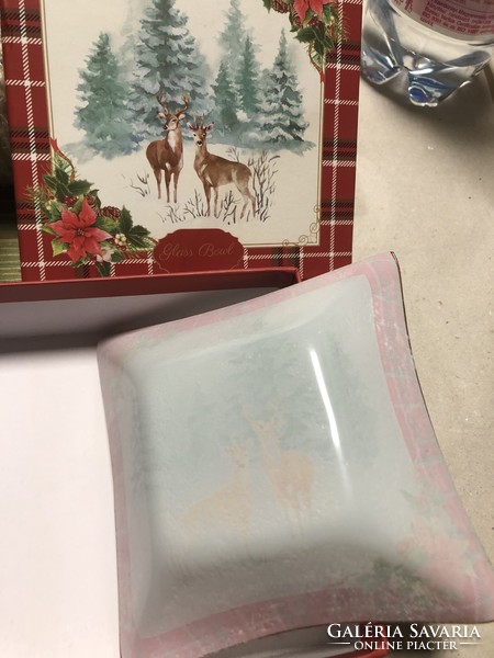 Karácsonyi Üvegtál - ajándék kínálótál vadász motívummal díszdobozban 13x13 cm