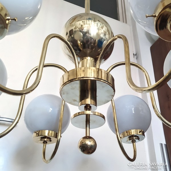 Art deco - streamline 6-arm, large-sized copper chandelier renovated - milk glass spherical shades - lampart