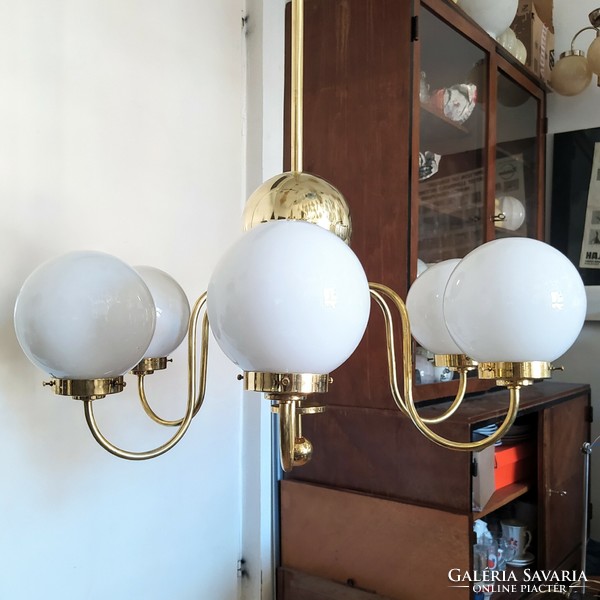 Art deco - streamline 6-arm, large-sized copper chandelier renovated - milk glass spherical shades - lampart