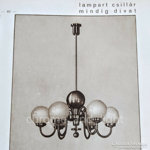 Art deco - streamline 6-arm, large-sized copper chandelier renovated - milk glass spherical shades - lampart