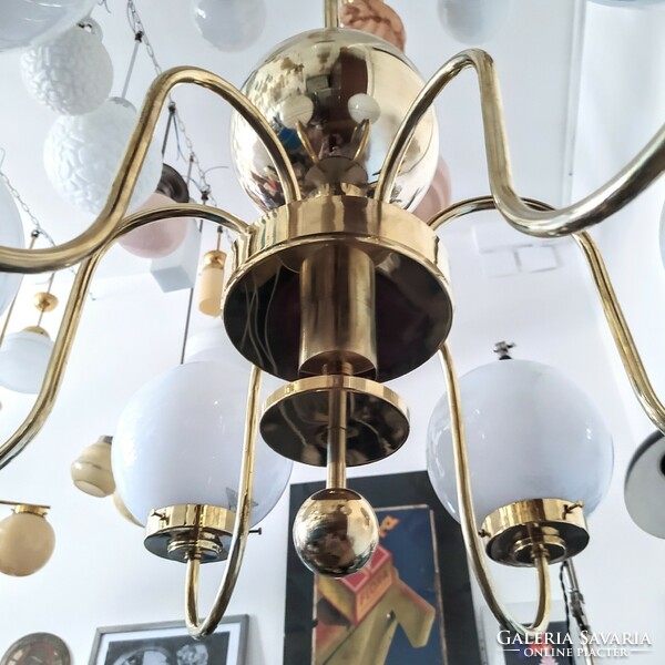 Art deco - streamline 6-arm, large-sized copper chandelier renovated - milk glass spherical shades - lampart