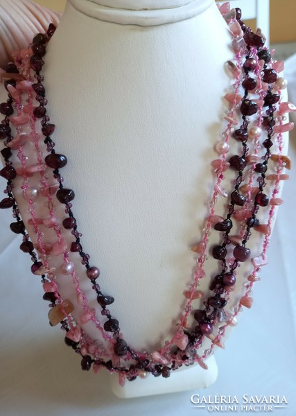 Real rhodochrosite garnet and cultured pearl 925 silver necklace