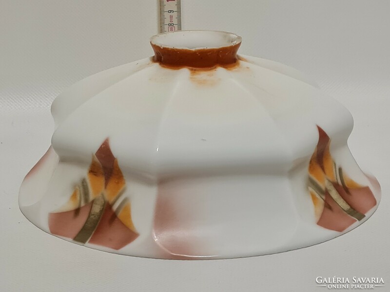 Art deco, burgundy floral pattern, brown striped ceiling milk glass lampshade (2725)