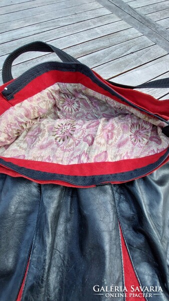 Black nappa leather with red split leather combined shoulder bag, satchel,