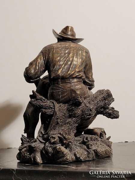 18x16x13cm Cowboy és a kutyája -- legjobb barát férfi kutyával kutya kutyás szobor bronz