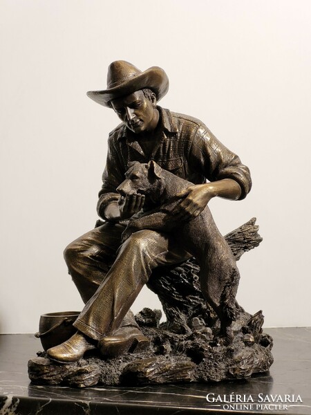 18X16x13cm cowboy and his dog -- best friend man with dog dog canine statue bronze